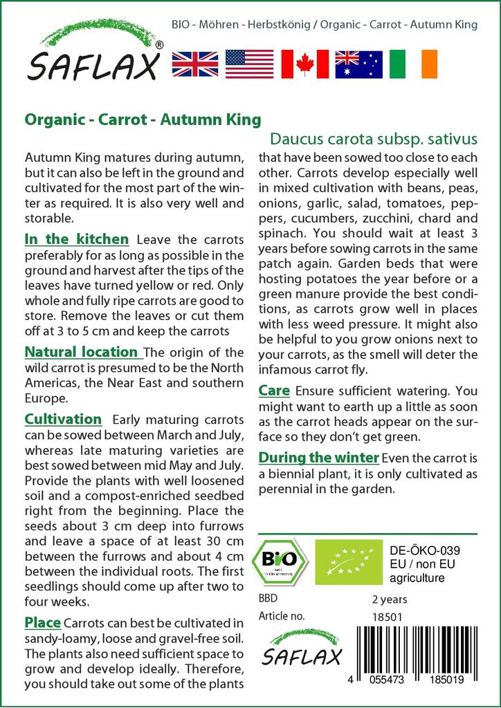 SAFLAX Garden In the Bag - Organic - Carrot - Autumn King - 1000 Seeds - With Substrate In a Fitting Stand Up Bag - Daucus Carota