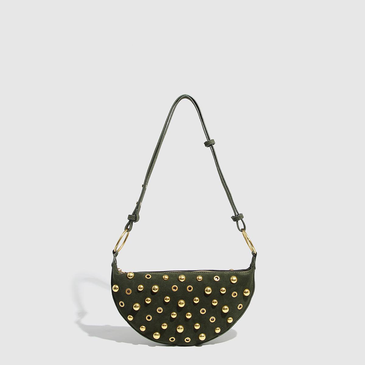 Designer Studded Schoudertas Klinknagel Maanvormige Tas Dames Metalen Okseltas High-end Retro Klinknagel Stippen Schoudertassen gray