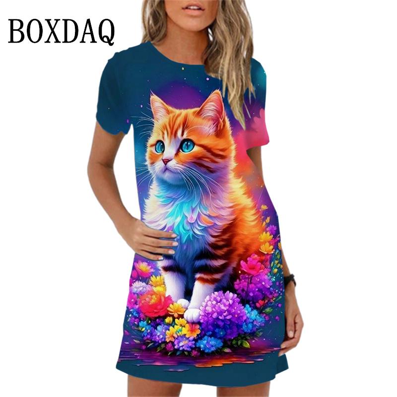 Short-sleeved women's mini dress with a collar opening design, featuring a classic cartoon cat pattern, trendy summer casual women's wear