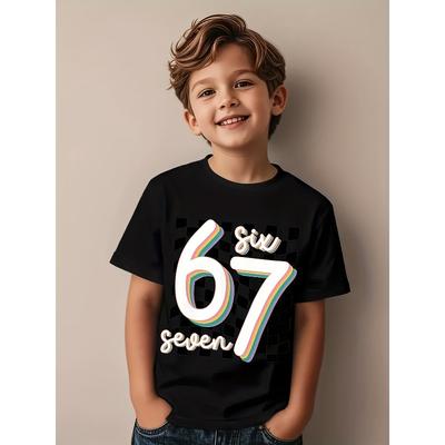 מידות אירופאיות חולצת טריקו לילדים - חולצת טריקו קצרה קז'ואל עם צווארון עגול והדפס 67, מתאימה ללבוש יומיומי