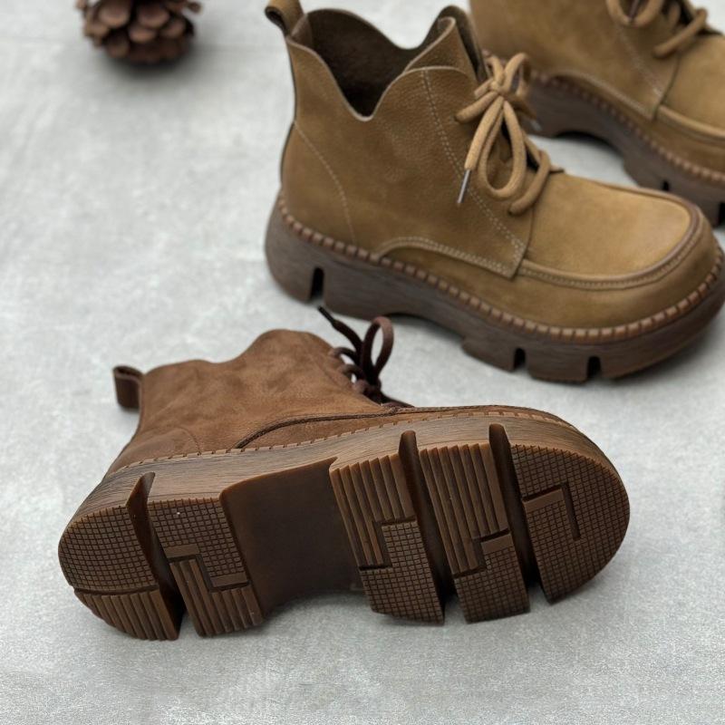 Johnature Handmade Genuine Leather Short Boots Retro Thick Soled Round Toe Lace Up Women's Shoes