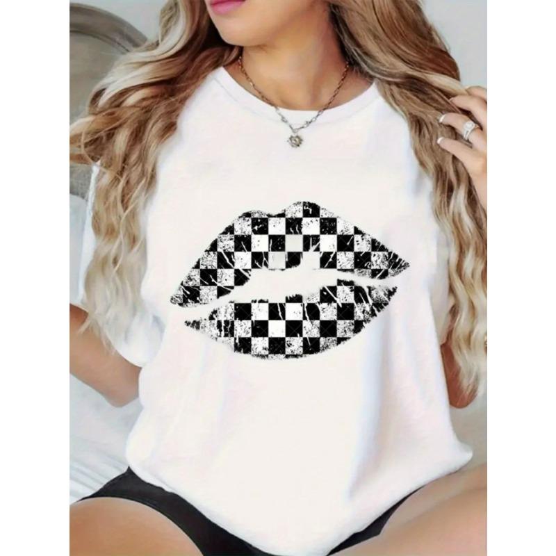 

Ladies casual loose short sleeved T-shirt - geometric lip print checkered diamond pattern XL