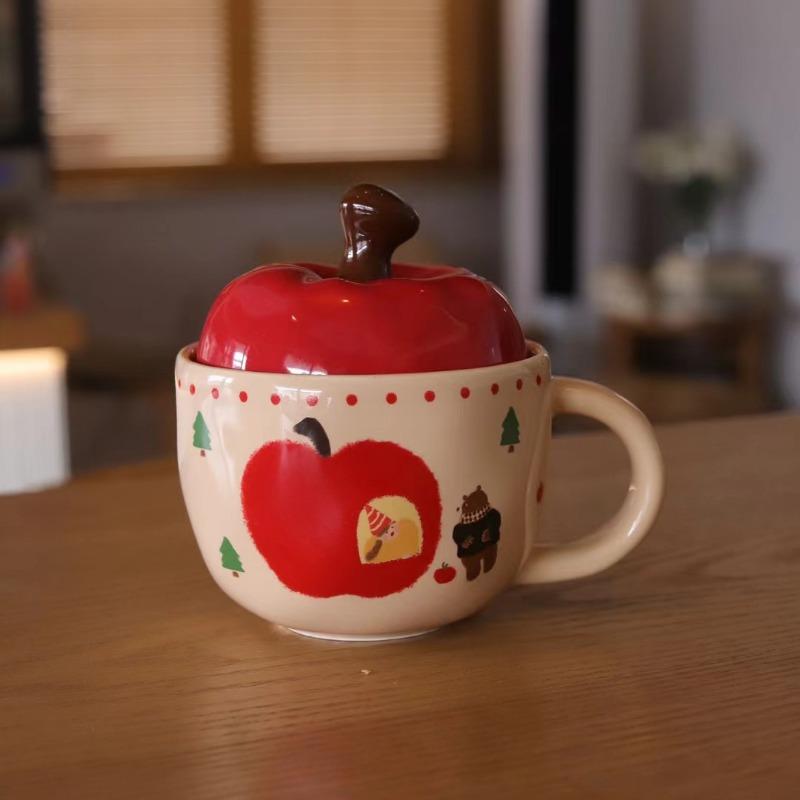 400ml Kreativer Apfelbecher mit Deckel Löffel Keramik Wasserbecher Zuhause Frühstück Milch Haferflockenbecher Paar Wasserbecher Heiligabend Geschenke