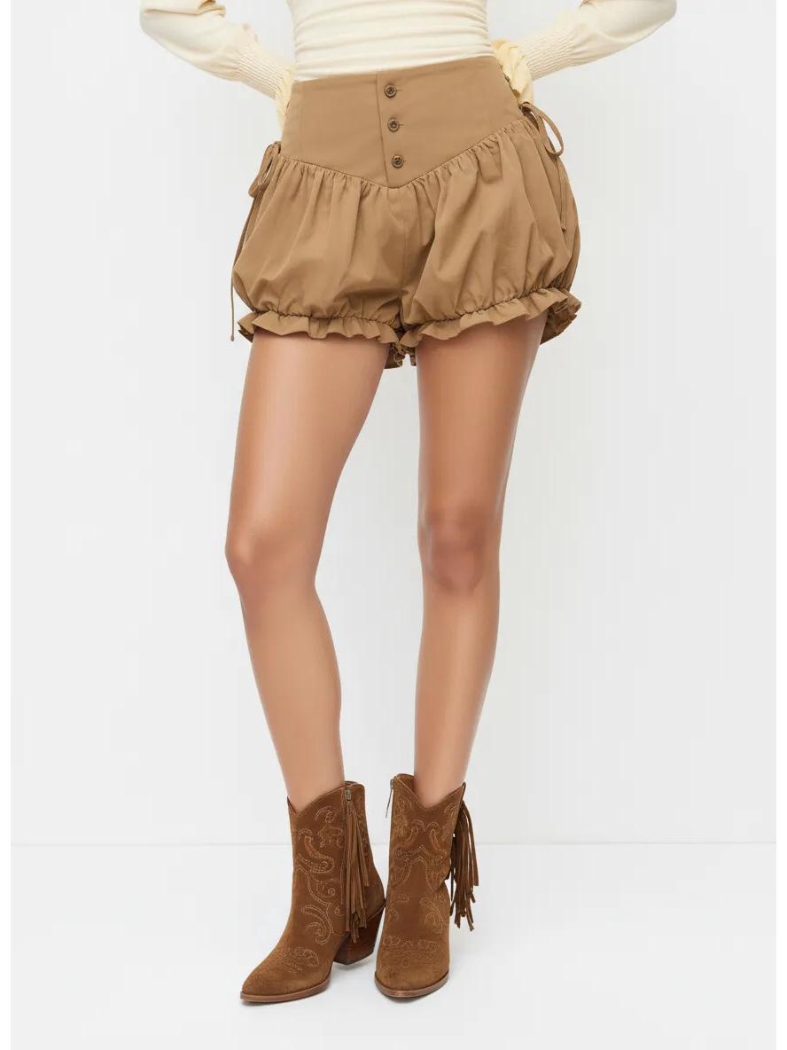 European & American Women s High-Waisted Lace-Up Ruffled Bubble Shorts 2XL