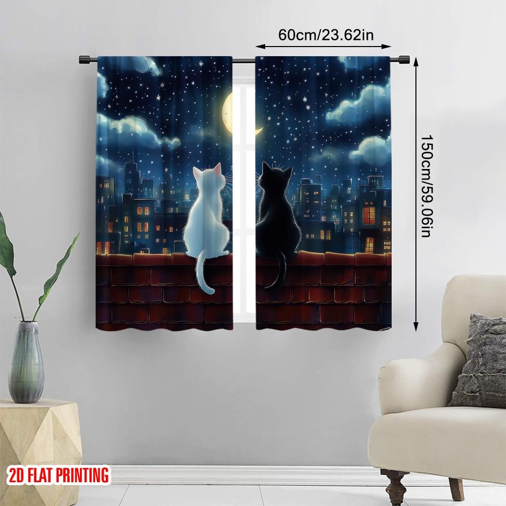 Room Darkening Flat Printing Curtain Cat Roof Polyester Birthday Party Perfect Bedroom Living Decoration Set Of 2 Made Washable Area Ready