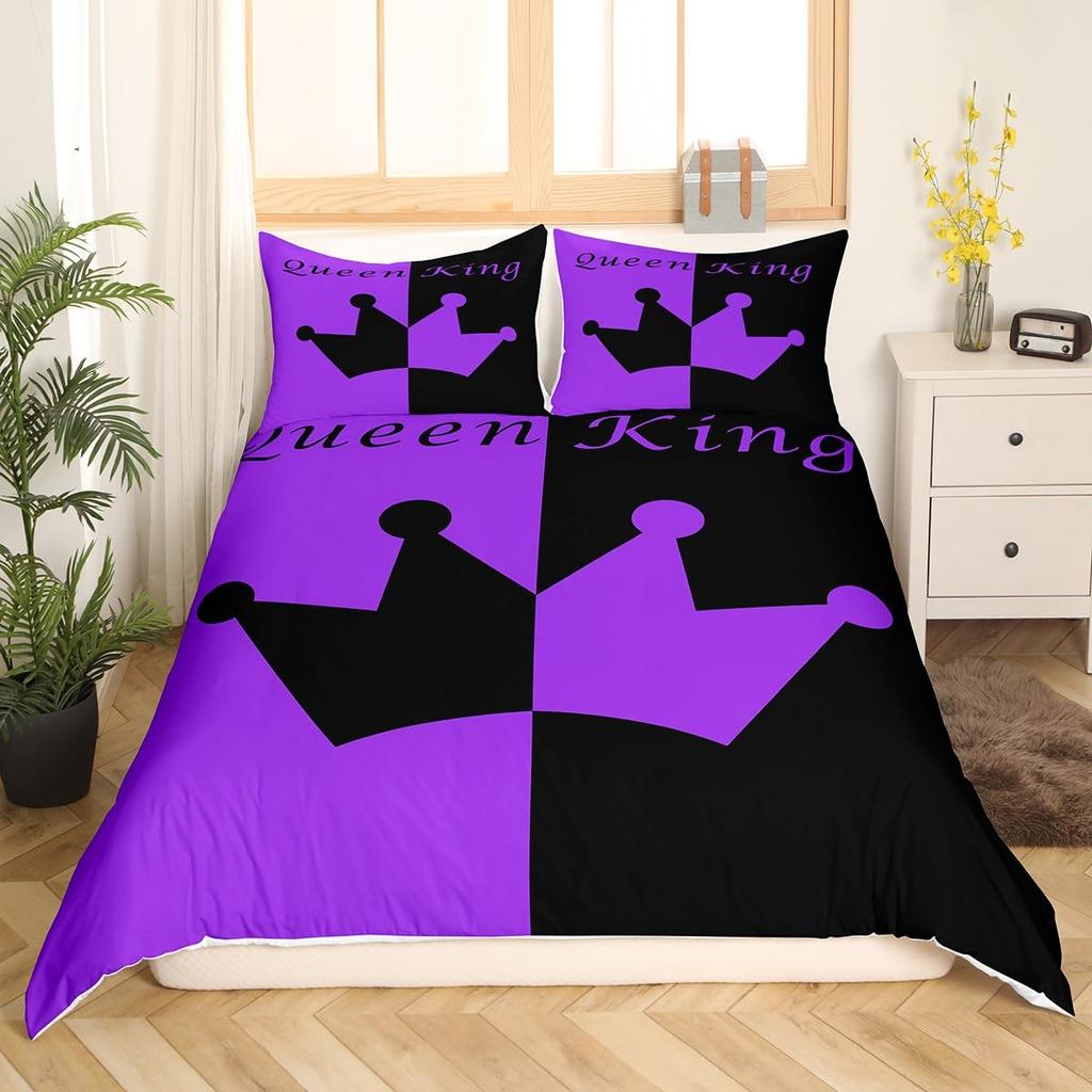 Crown Queen and King Couple Duvet Cover His and Hers Bedding Set Pink Comforter Cover Lover Romantic Valentine's Day Quilt Cover