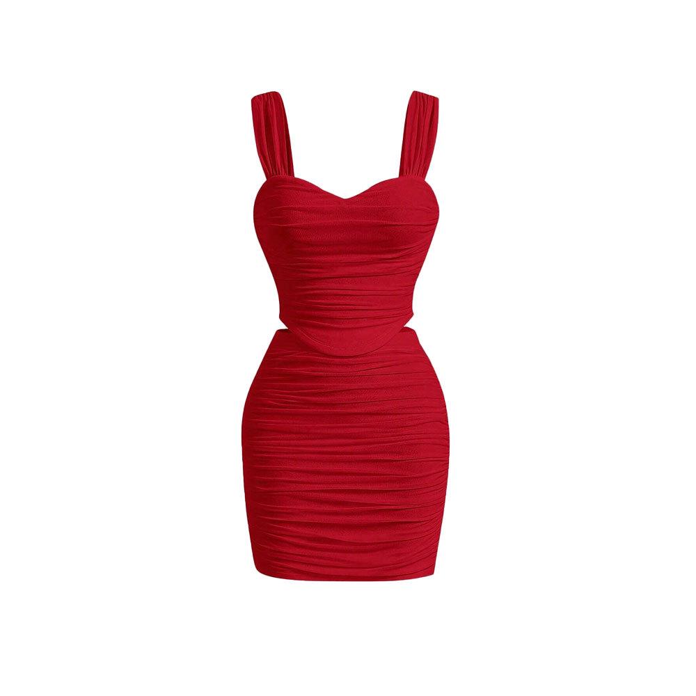 Women's 2025 Spring/Summer Pleated Slim Fit Camisole Top & Bodycon Mini Skirt Two-Piece Set