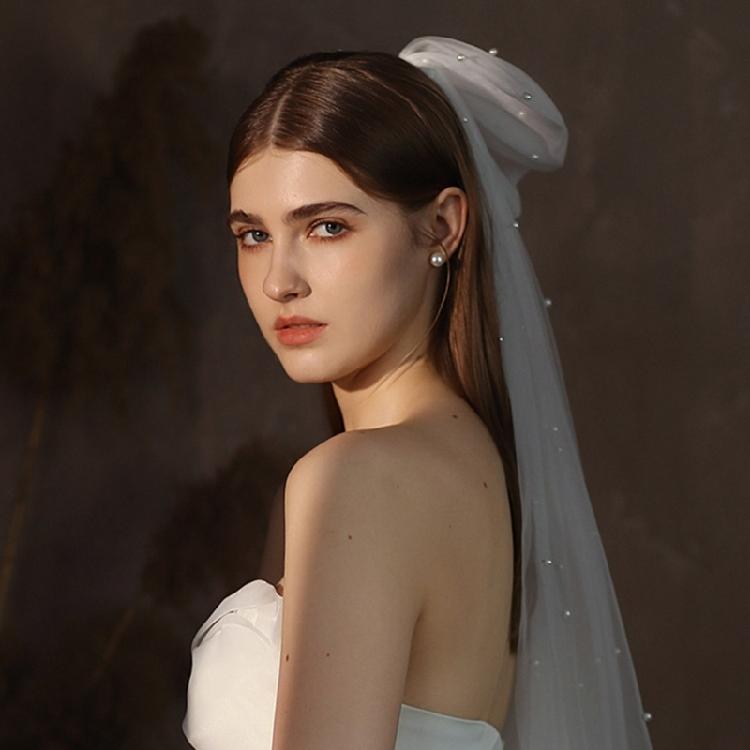 Flower Girl Veil Pearls Bow Hair Wedding Headpeice White Sheer Head Covering