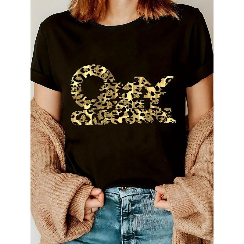 

European Size Elegant Crew Neck T-Shirt | Soft Stretch, Breathable, Casual, White with Black Leopard Print Graphic, Short Sleeve, Women S Top 4XL чорний