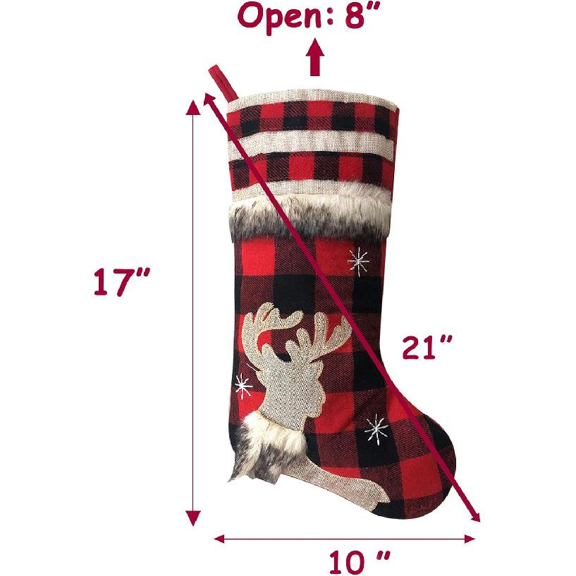 BRvieluck Christmas Stockings Set of 6 Buffalo Red Plaid with Soft Faux Fur for Family Fireplace Hanging Large 20 Inches Xmas Stockings Decorations
