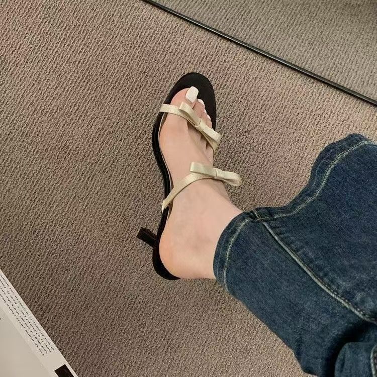 Bow square head open-toed high heels versatile slippers French stiletto strap sandals women's 2025 summer and autumn new models