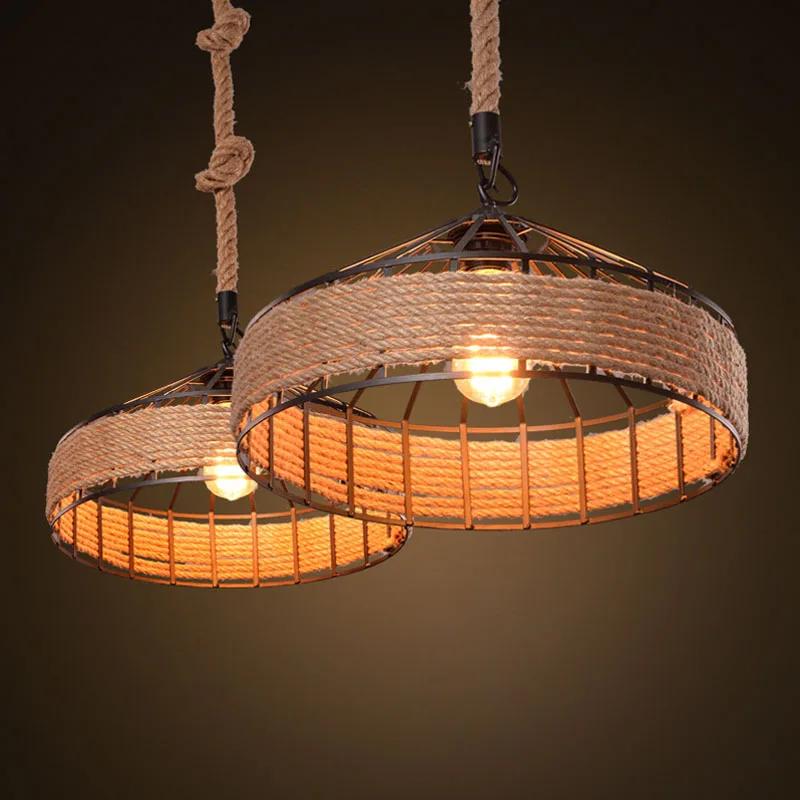 Spain Classical Sisal Rope Pendant Light E27 Hanging Lamp Retro Antique Industrial Lantern Chandelier Iron Candle Home Appliance