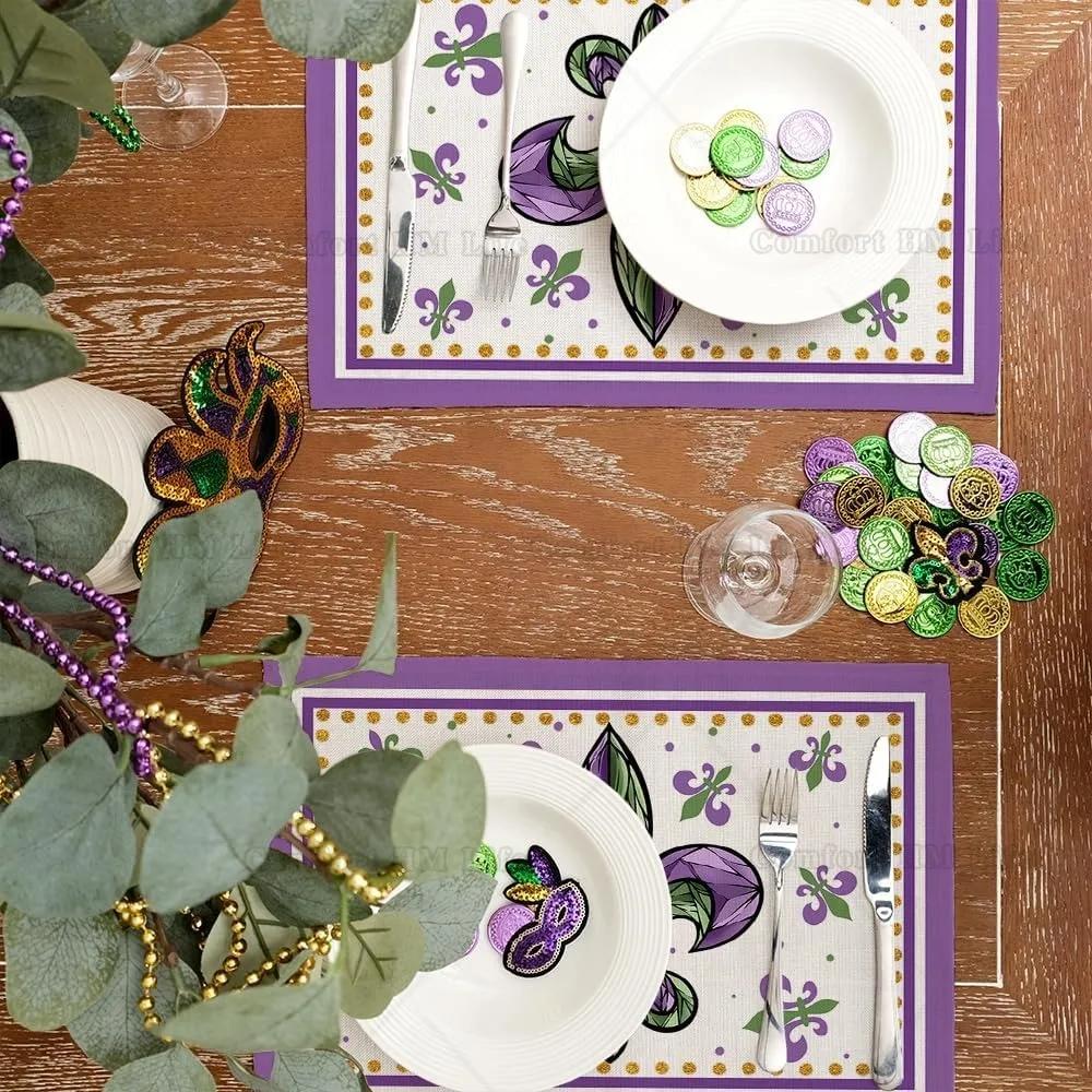 4PCMardi Gras Carnival Placemats Fleur De Lis Purple Seasonal Farmhouse Burlap Indoor Kitchen Dining Table Decor