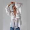 Chiffon ruffle edge lace-up shirt women's summer French fashion loose white V-neck long-sleeved top women's clothing