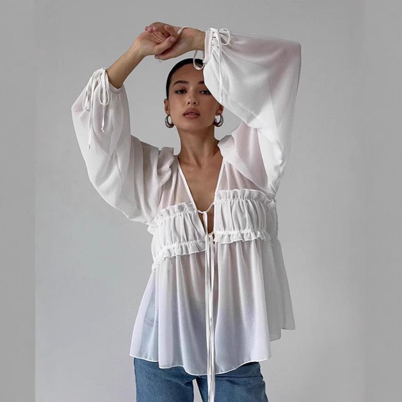 Chiffon ruffle edge lace-up shirt women's summer French fashion loose white V-neck long-sleeved top women's clothing