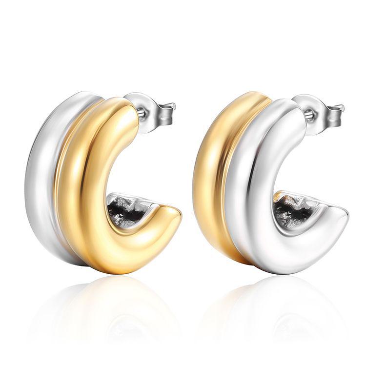 

High-End Two-Tone Stainless Steel C-Shaped Earrings: 18K Gold Titanium Style for Women