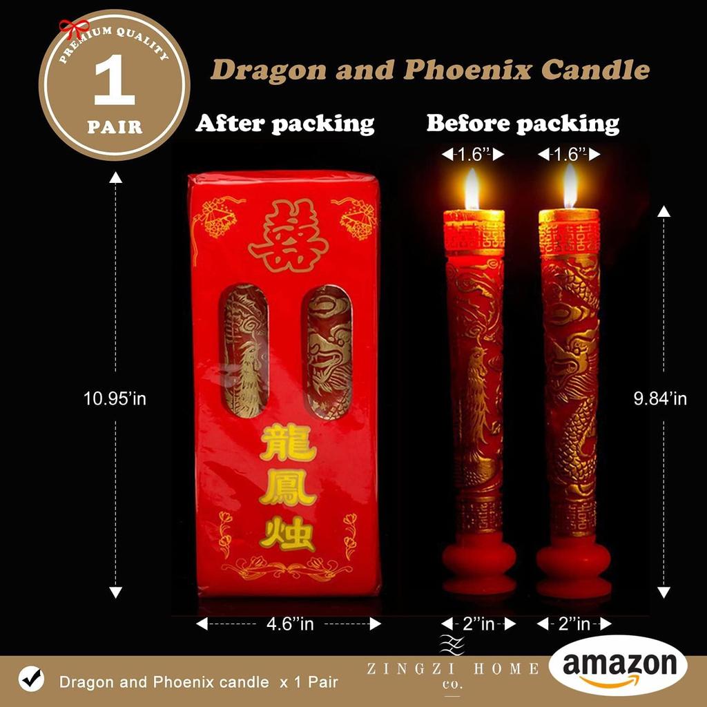 Chinese Dragon and Phoenix Wedding Candles Red Traditional Double Happiness 1 Pair, 9.84 Inch Tall x 2 Inch Diameter, Great for Chinese Weddings
