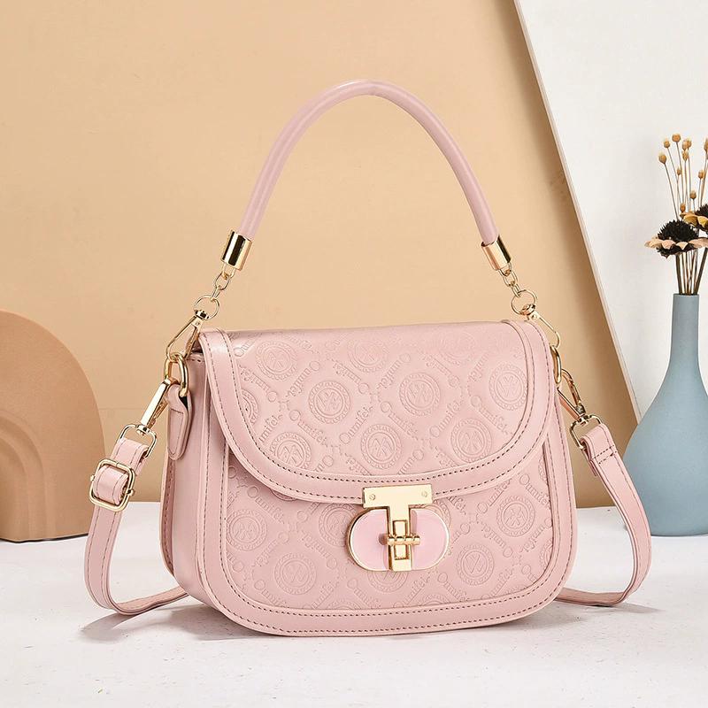 

Ladies Crossbody Saddle Bag PU Leather Mini Handbag Casual Contrast Color Shoulder Bag for Daily Use рожевий