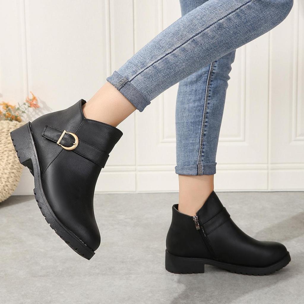 Winterstiefel aus PU-Leder mit kurzen Röhren für Damen, grenzüberschreitend, große Größe, runder Kopf, seitlicher Reißverschluss, dicker Absatz, Stiefel 35-42