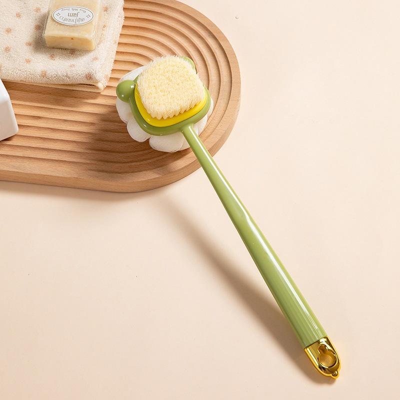 Long-Handle Soft Silicone Double-Sided Shower Brush with Back Scratcher and Mud Scraper
