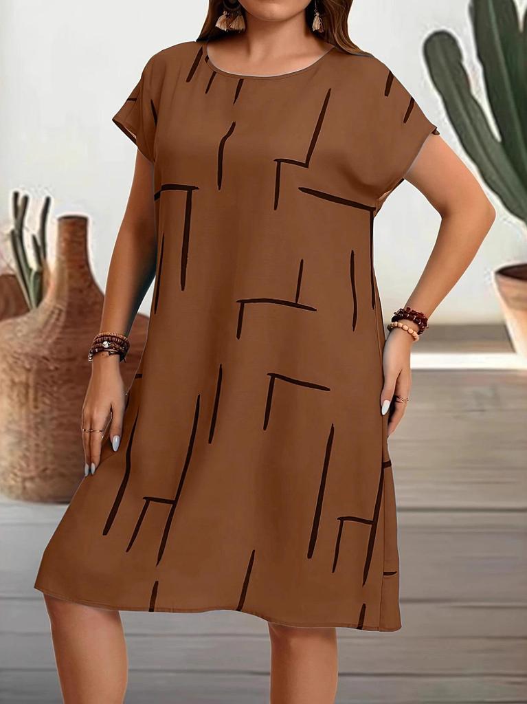 Geometric Print Plus Size Round Neck Short Sleeve Dress (European & American Style, 2026)