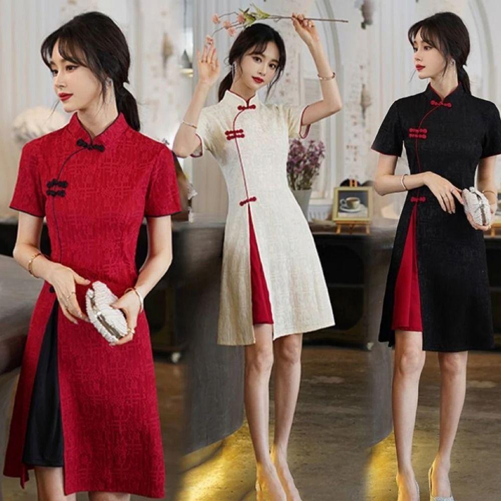 China-Chic Qipao Dress Long Fork Cheongsam Short Pattern Traditional Chinese Dress  Wedding