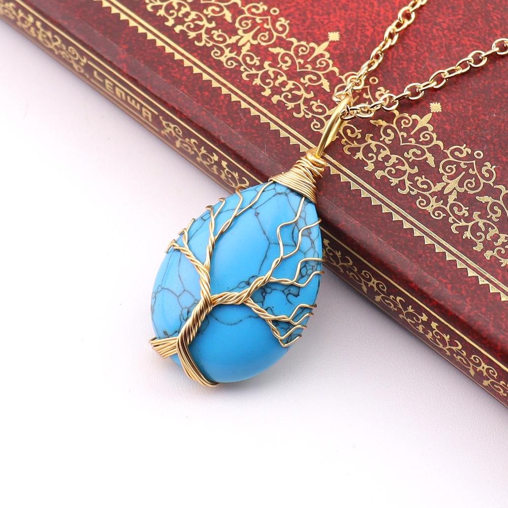 Natural Stone Crystal Agate Water Drop Winding Silk Tree Of Life Pendant Necklace Sweater Chain Water Drop Rough Stone N781