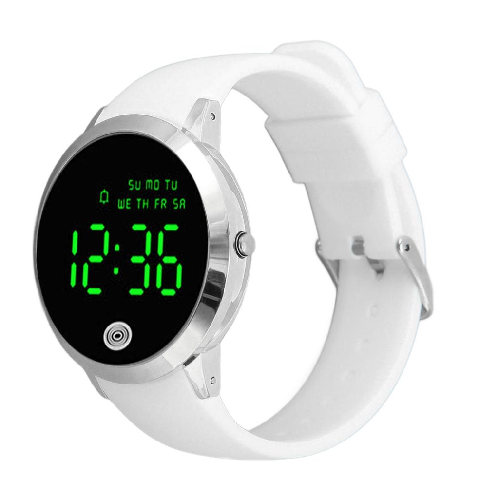 Men Digital Watch Round Color Screen Waterproof Backlit Ultra Thin Stylish Alarm Sports Watch Silver Shell White Belt