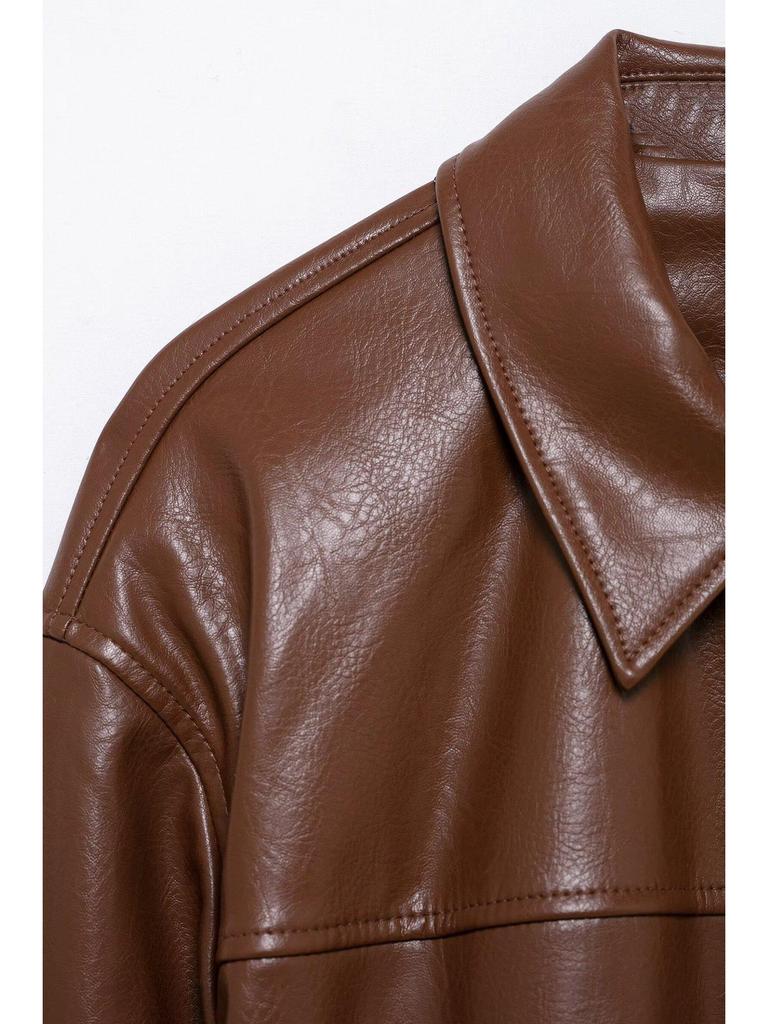 European and American Women's Fashion 2025 Spring Pilot Long Sleeve Faux PU Jacket