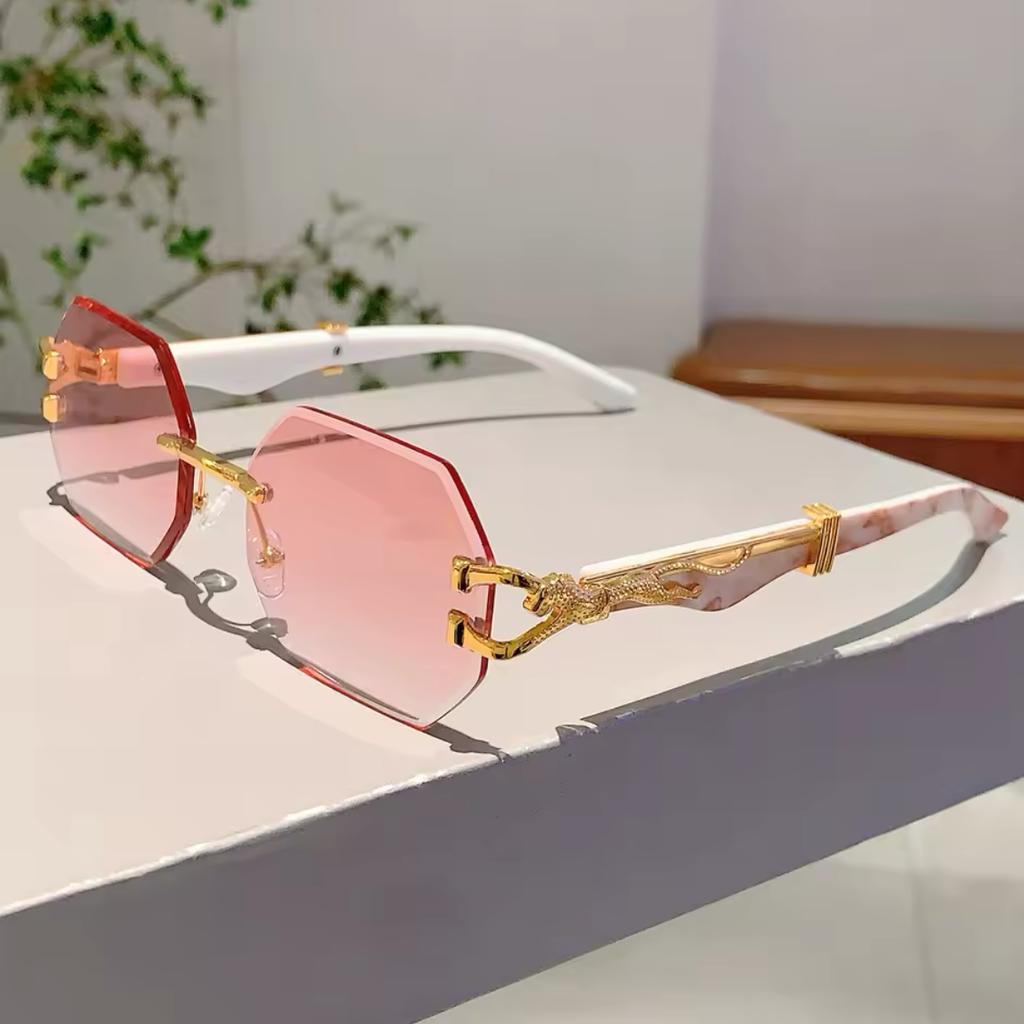 Rimless Octagon Sunglasses Women For Men Luxury Brand Design Vintage Punk Popular Metal Gold Leopard Head Sun Glasses Uv400