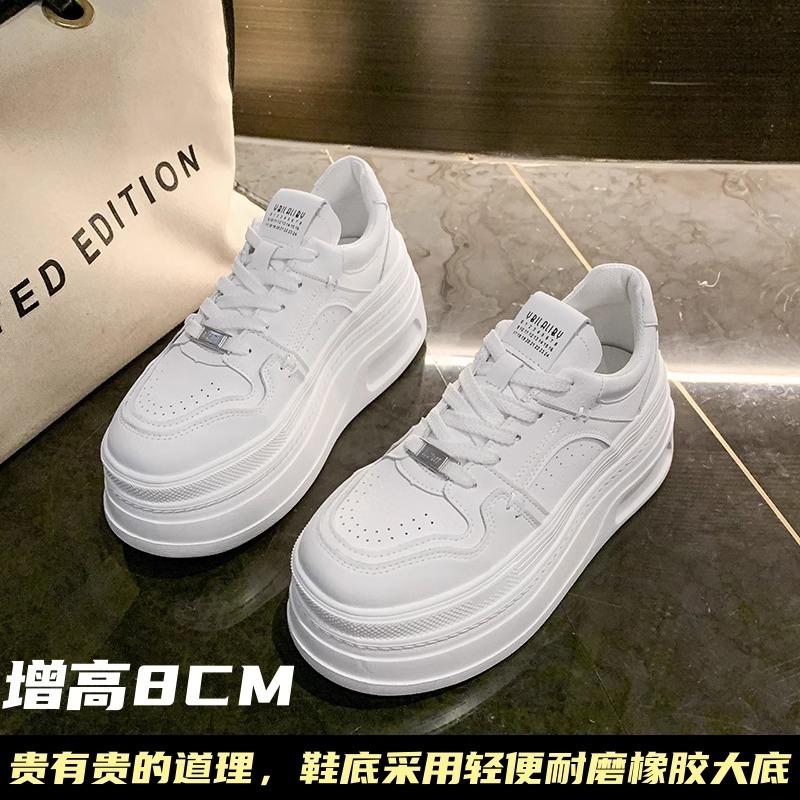 8CM thick-soled heightening shoes women's spring new versatile lace-up leather white shoes casual shoes single shoes