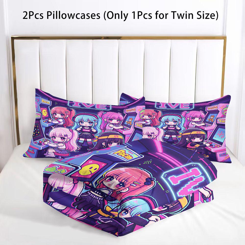 Arcade Pixel Cartoon Girls Print Comforter Set Quilt Bedding Set Pillowcase Game Room Teen Bedding Decor