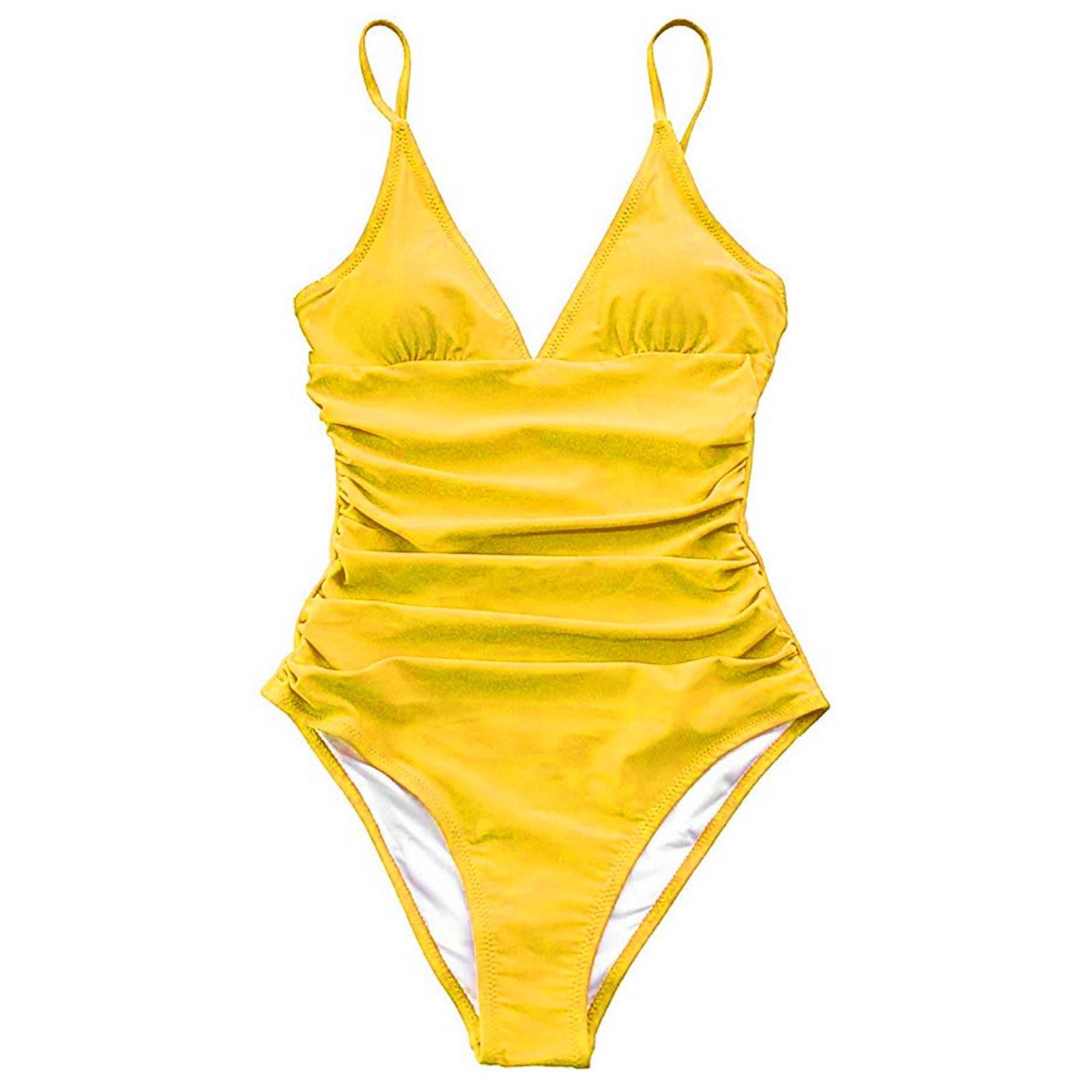 

Женский купальник с v-образным вырезом, сплошной цвет, цельный купальник с рюшами M жёлтый