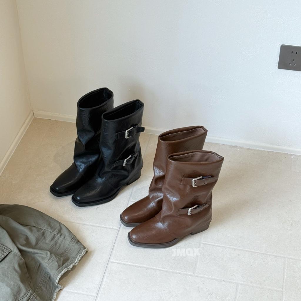 All Leather~ Belt Buckle Medium Boots British Pants Pants Martin Boots Women's Thick Heel Knight Boots Western Pile Boots