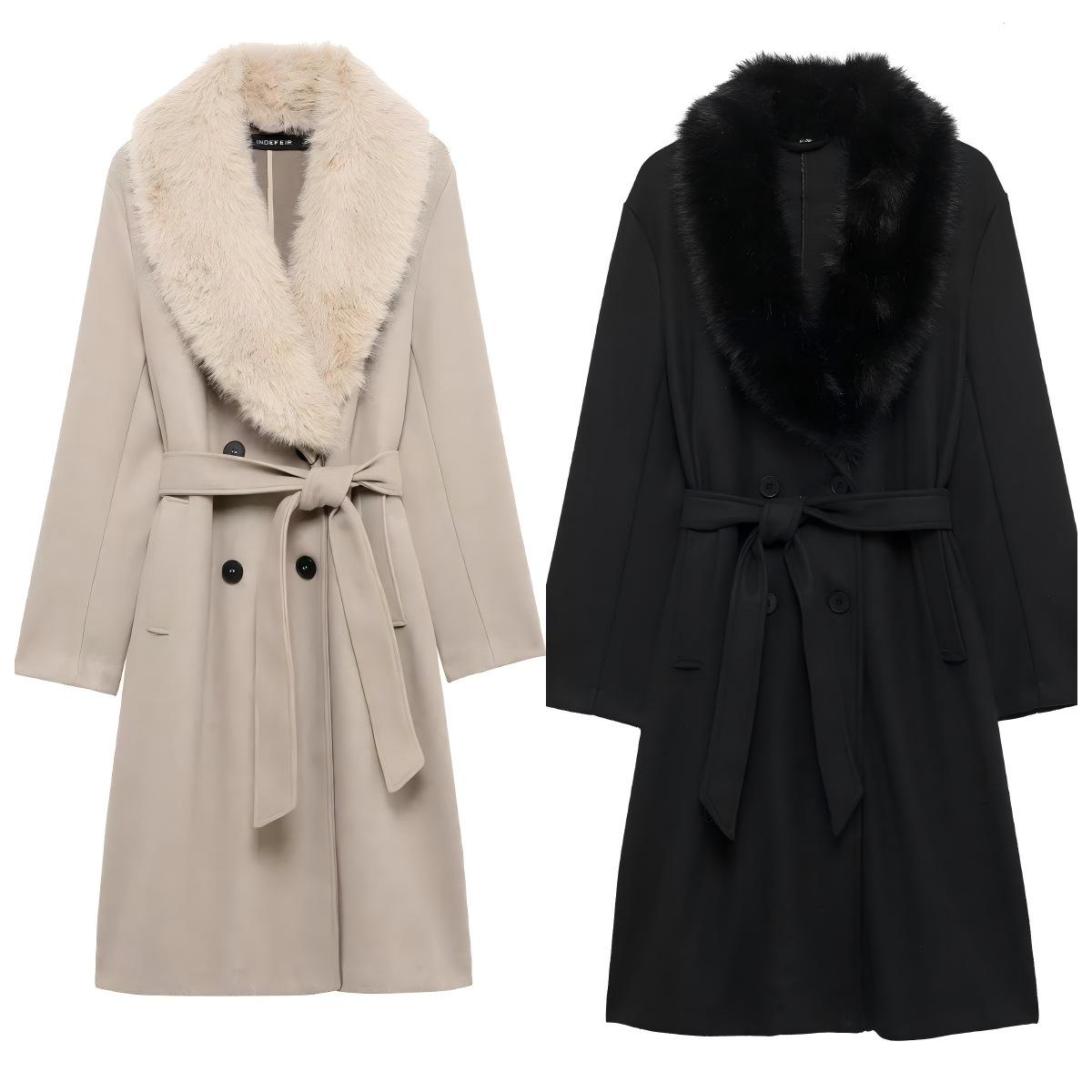 

2025 Spring Women s Faux Fur Belted Lapel Coat Extra Small хаки