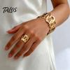 Hollow Twisted Jewelry 2Pcs Statement Set, Open Adjustable Cuff Bangle Iron Wrist & Wide Ring, Golden Plated Metal for Women Sets