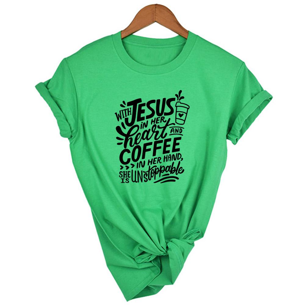 With Jesus In Her Heart And Coffee In Her Hand Women Faith God T Shirt