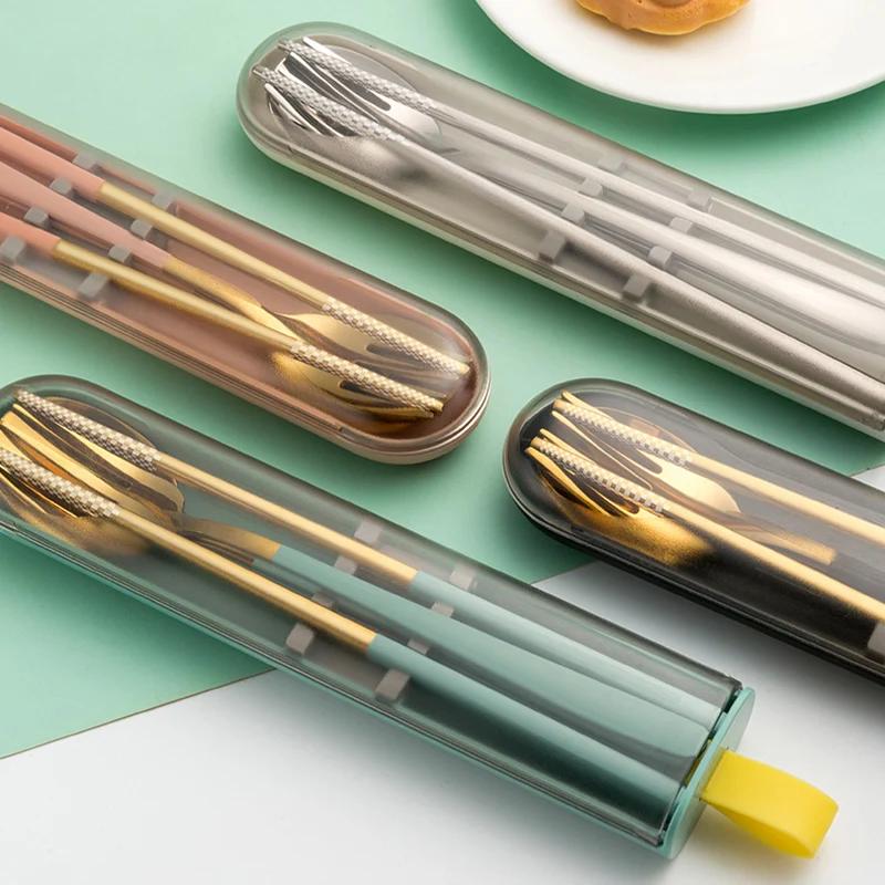 304 Stainless Steel Dinnerware Set Spoon Fork Chopsticks Cutlery Set with Storage Box Portable Travel Camping Picnic Tableware