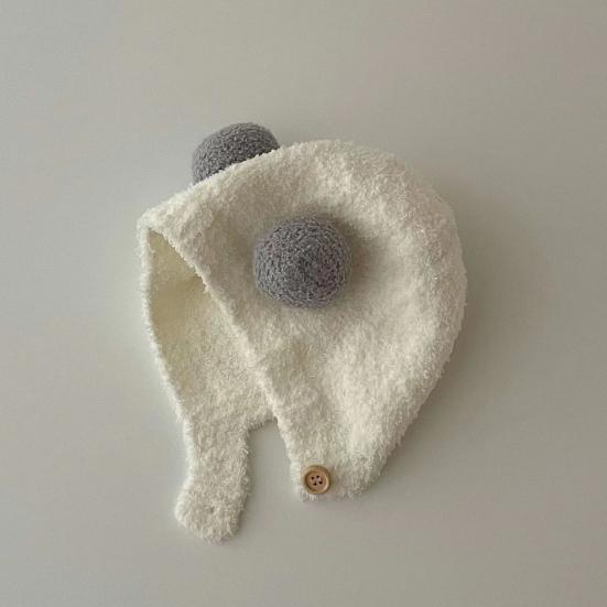 Children Hat with Bear Ear Design Solid Color Button Closure Elastic Breathable Winter Cap Cold Weather Accessory