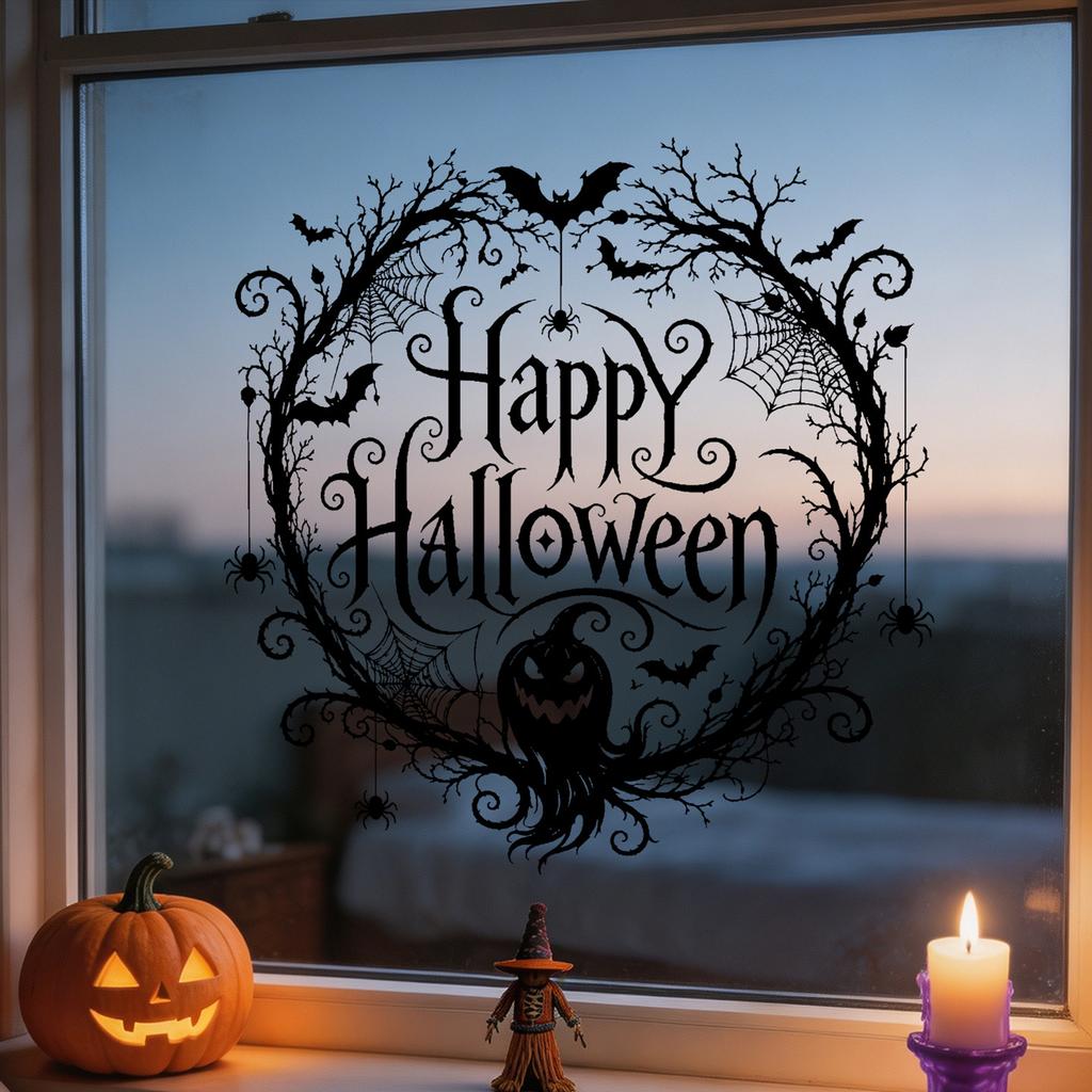 Halloween Window Clings PVC Static Stickers Vintage Dark Style Spider Web Pumpkin Bat Design for Home Office Party Decor