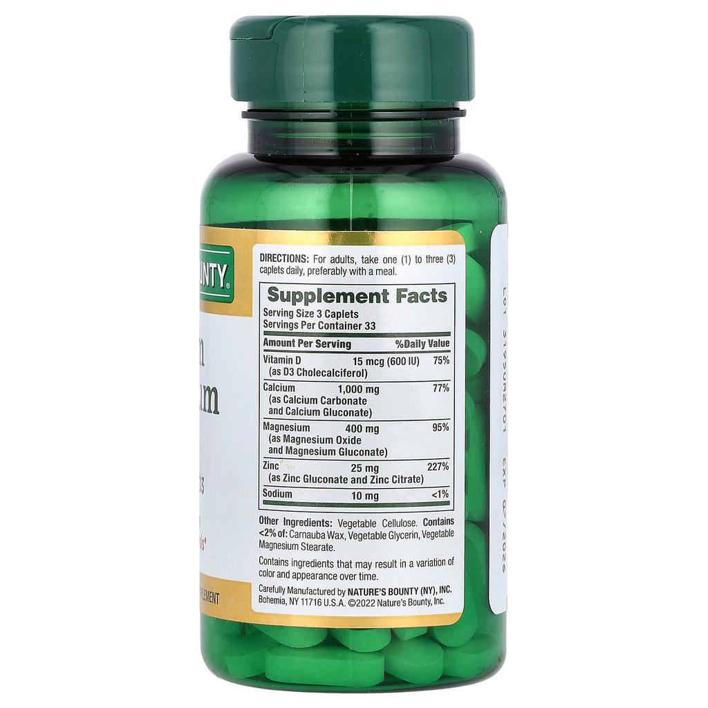 Nature's Bounty, Kalsiyum Magnezyum Çinko, D3 Vitamini, 100 Kaplı Tablet