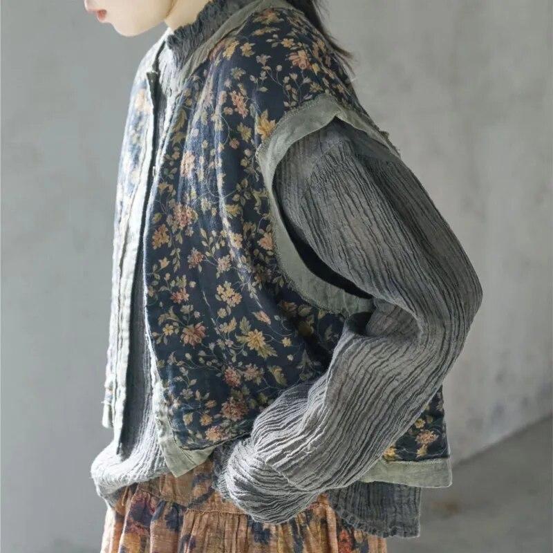 Johnature Veste din bumbac cu imprimeuri florale pentru femei Paltoane cu gât O nasturi de primăvară în stil chinezesc de înaltă calitate.