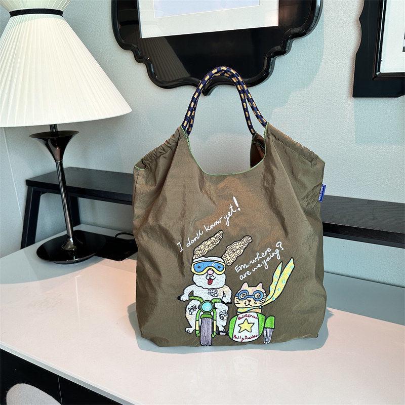 Eco-Friendly Handmade Japanese-Style Embroidered Flower Nylon Tote Bag