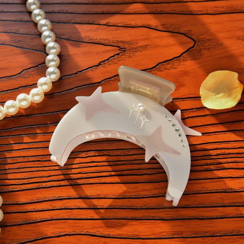 1pc New Ramadan Starry Sky Moon Dreamy Gripper Water Diamond Premium Feel Acetate Hairpin Curved Moon Pearl Shark Clip