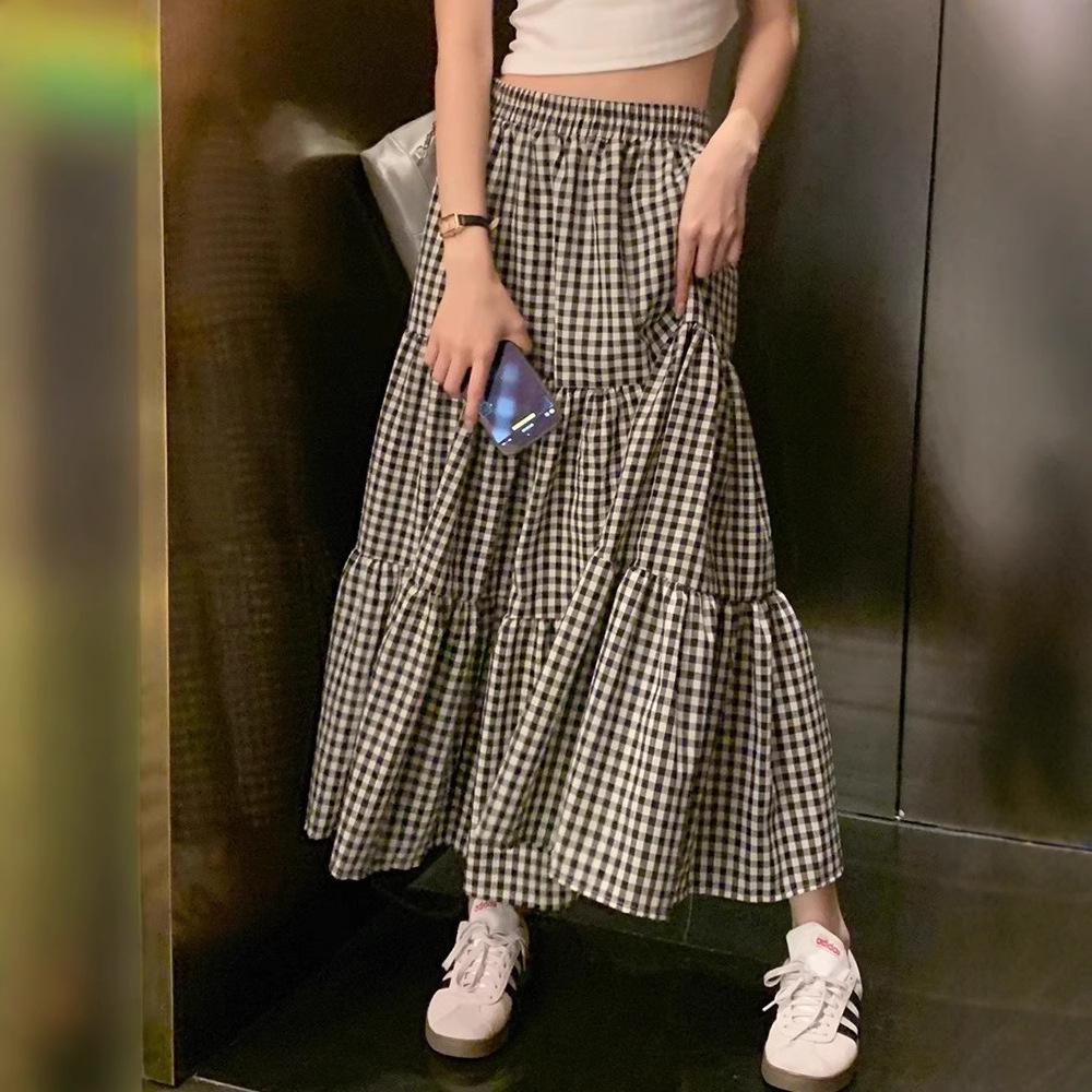 

Women s Retro Plaid High Waist Maxi A-Line Skirt - Summer Midi Length with Big Swing One Size - Premium Version