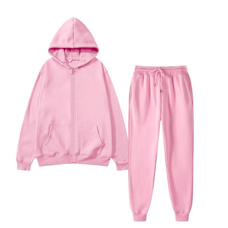 Womens Fleece Hooded Zip Tracksuit Loose Fit Solid Color Sportswear Set