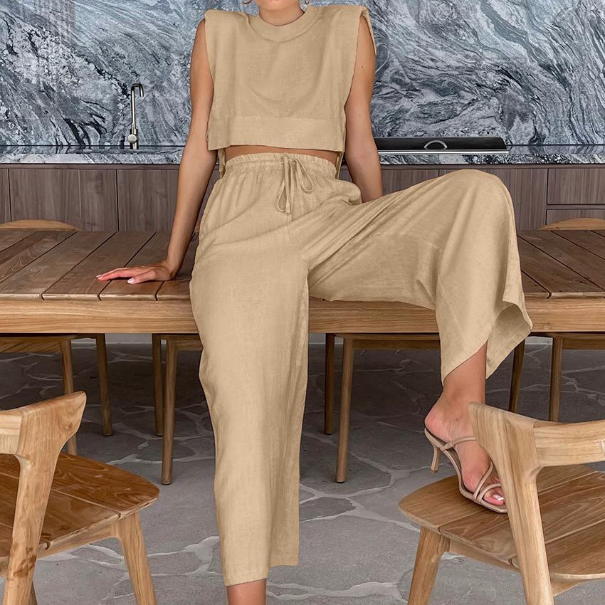 Fashion Cotton Linen Suit Women's Summer Shoulder Pads Sleeveless Top Trousers Two-piece Set