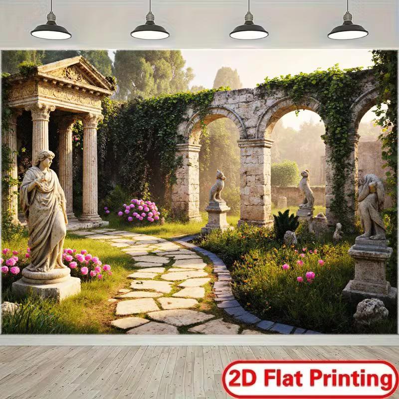 

2D Mythical Ancient Garden Backdrop Stone Arches, Statues and Blooms Portrait Studio Background 47.2x31.5inch/120*80cm