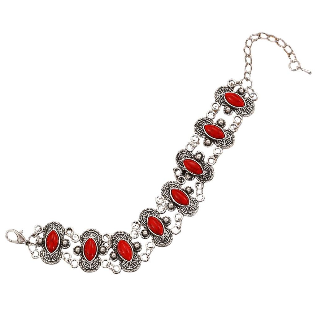Boho Ethnic Carved Link Bracelet Oval Red Stone Inlaid Vintage Decorative Wrist Jewelry for Women Vacation Daily Wear