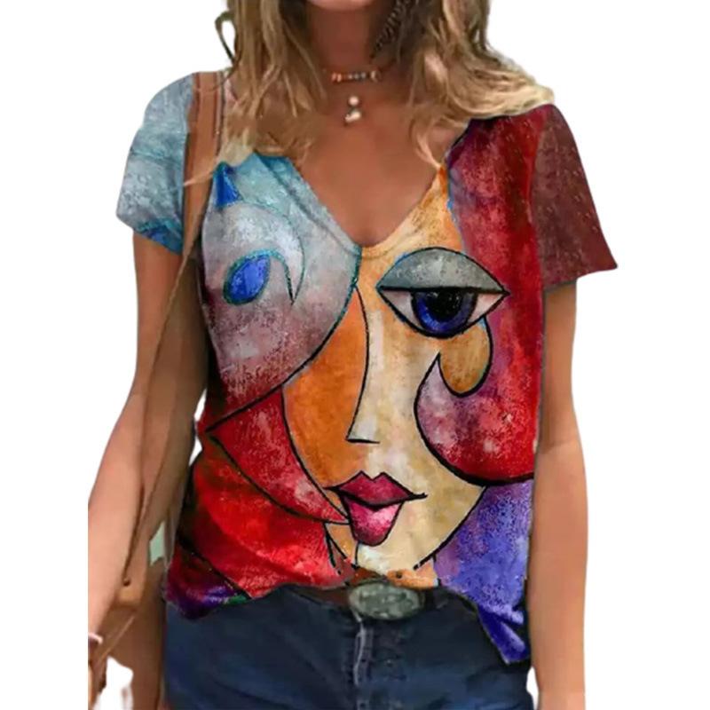 Fashion Trend Abstract Figure 3D Printed V-neck Pullover Women's T-shirts